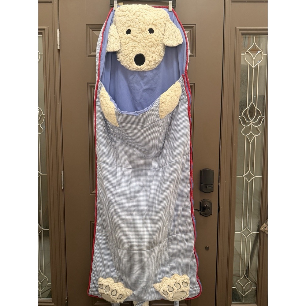 Pottery Barn Kids Sleeping Bag Shaggy Head Fluffy Dog Blue Gingham Zippered